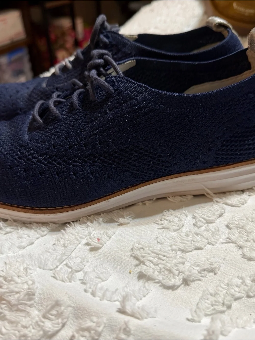 Cole Haan Men's Navy Knit Lace-Up Derby with Tan Trim Almond Toe Size 9